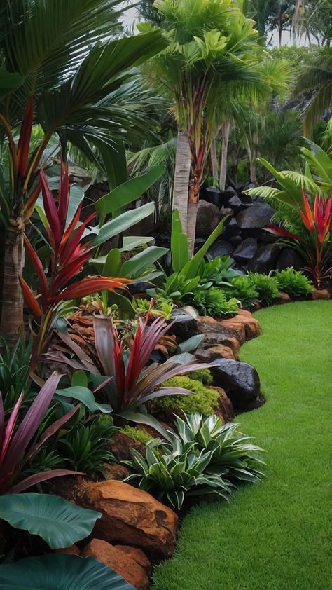 Unlock Tropical Bliss with 15 Landscaping Ideas 39 Tropical Courtyards Landscape Design, Tropical Hillside Landscaping, Tropical Slope Landscaping, Tropical Ranch House, Backyard Tropical Landscaping, Tropical Home Garden, Tropical Pergola Ideas, Cycads Landscape Design, Palm Tree Landscape Ideas