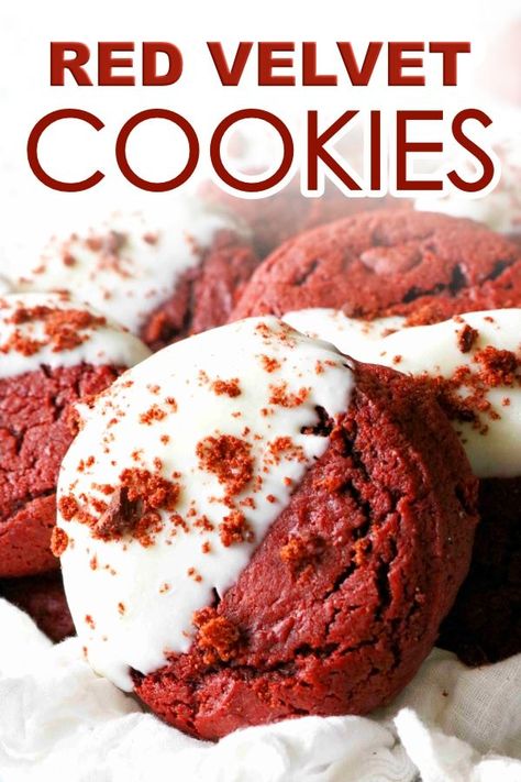 Red Velvet is as distinct as it is delicious, and the cookie rendition is no exception. Red Velvet Cookies are a thick, soft, cake-like cookie, with light cocoa flavor and a hint of tang thanks to cream cheese swirling throughout the batter. These gorgeous holiday cookies make wonderful heartfelt gifts, and are perfect for serving at both Christmas and Valentine's Day! #redvelvet #redvelvetcookies #cookierecipes #christmascookies #cookies #dessert #holidaycookies Red Velvet Cookies From Scratch, Red Velvet Cookie Recipe, Melted Candy, Candy Wafers, Simple Cookie, Salted Caramel Mocha, Soft Cake, Velvet Cookies, Homemade Gift Ideas