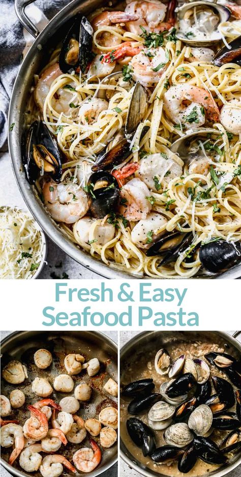 Mussels Recipe Pasta, Clam Pasta Recipe, Seafood Pasta Sauce, Italian Seafood Pasta, Scallop Recipes Pasta, Creamy Seafood Pasta, Seafood Pasta Dishes, Clam Pasta, Creamy Seafood