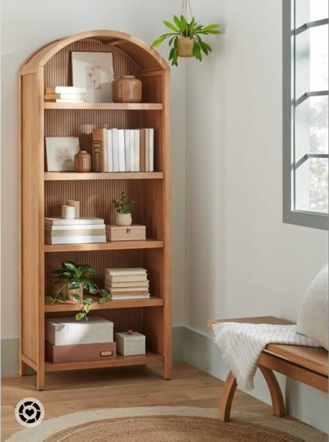 Arch Bookcase, Magnolia Furniture, Tattoo Plant, Bookshelves In Bedroom, Room Bookshelf, Wood Arch, Bookcase Styling, Wood Bookshelves, Bookshelf Styling