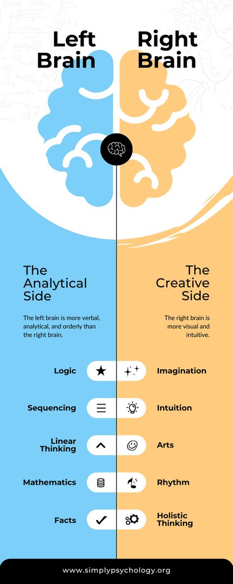 The left brain is associated with logic, analytical thinking, and language processing, while the right brain is linked with creativity, intuition, and holistic thinking. However, this is an oversimplification, as both hemispheres cooperate in most activities. Left Vs Right Brain, Left Brain Vs Right Brain, Brain Infographic, Analytical Mind, Left Brain Right Brain, Brain Quiz, Improve Brain Power, Analytical Thinking, Cardiac Disease