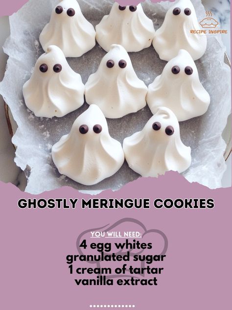 👻✨ Get in the Halloween spirit with these spooky Ghostly Meringue Cookies! 👻✨ Ghostly Meringue Cookies Ingredients: - 4 egg whites - 1 cup granulated sugar - 1/2 tsp cream of tartar - 1 tsp vanilla extract - Mini chocolate chips (for eyes) Instructions: 1. Preheat oven to 225°F. Line baking sheets with parchment paper. 2. In a clean bowl, beat egg whites until soft peaks form. 3. Gradually add sugar and cream of tartar, beating until stiff peaks form. 4. Fold in vanilla extract. 5. Pipe me... Meringue Ghosts, Recipes Tutorials, Meringue Cookies, Gobble Gobble, Cream Of Tartar, Mini Chocolate Chips, Cookies Ingredients, For Eyes, Baking Sheets