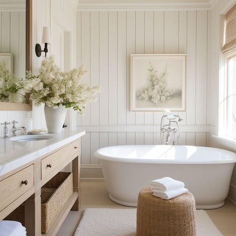 Bathroom With A Makeup Vanity, White Panel Bathroom, Lowcountry Bathroom, Spa Like Small Bathroom, Tile Farmhouse Bathroom, Paneled Bathroom Walls, Cottage Bathtub, Oak Floor Bathroom, White Cottage Bathroom