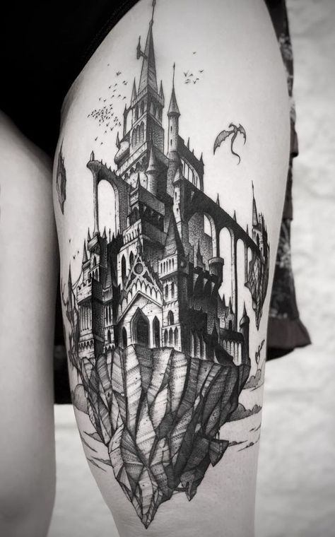 Croquis, Hogwarts Castle Tattoo, Cathedral Tattoo, Drawing Mermaid, Hogwarts Tattoo, Tattoo Pencil, Backpiece Tattoo, Drawing Dragon, Hp Tattoo