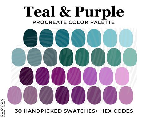 Teal Purple Color Palette Procreate, Turquoise Blue Procreate Swatches, HEX Codes, Digital Download, Purple Teal Color Scheme by KoovoxDigitalStudio on Etsy Green Blue Purple Color Scheme, Blue To Purple Color Palette, Turquoise And Purple Color Palette, Purple Green Blue Color Palette, Teal Purple Color Palette, Tiffany Blue Color Palette, Teal Color Scheme, Procreate Swatches, Color Palette Procreate