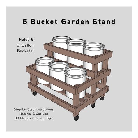 Bucket Gardens 5 Gallon Plans, 5 Gallon Bucket Garden Stand, 5 Gallon Bucket Planter Stand, Bucket Garden Stand, 5 Gallon Bucket Garden, Bucket Gardening 5 Gallon, Bucket Diy, Diy Potting Bench, Bucket Garden