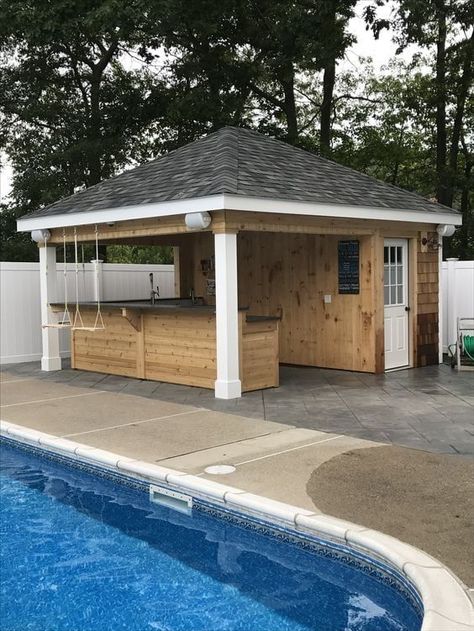 Pool Shed With Bar And Storage, Small Pool Shed Ideas, Pool Pergola Ideas Cabanas, Bar With Swings, Small Pool Shed, Pool Cabana Design, Small Pool House Ideas, Pool Bar Ideas, Spilled Flower Pot Ideas