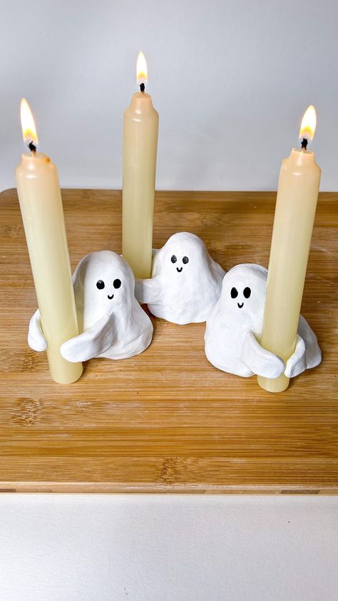 Sculpd | Craft Reinvented | Ghosts, but give them a job.. 👻🕯️💖 #pottery #airdryclay #diycrafts #halloweencrafts #halloween | Instagram Easy Clay Halloween, Ceramic Art Halloween, Foam Clay Halloween, Cute Airdryclay Ideas, Airdry Clay Halloween, Spooky Air Dry Clay Ideas, Quick Clay Projects, Clay Creations Ideas, Clay Ghosts Diy