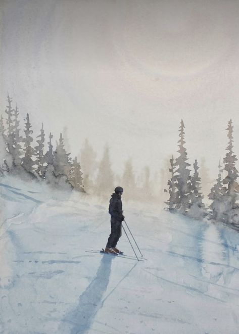 Watercolor Skiing, Watercolour Snow, Ski Painting, Skiing Tattoo, Skiing Art, Ski Art, Winter Landscape Painting, Watercolour Landscape, Watercolor Beginner