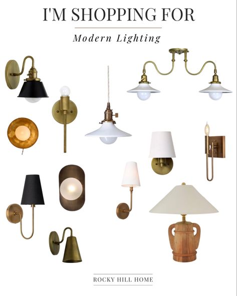 Modern lighting for modern cottage, modern traditional, modern colonial style. Brass lighting, wall sconce, plug in sconces, pendant, interesting flush mount ceiling fixtures Modern Colonial Style, Dining Light, Cottage Modern, Modern Colonial, Wood Table Lamp, Lighting Wall, Modern Cottage, Table Lamp Wood, Dining Lighting