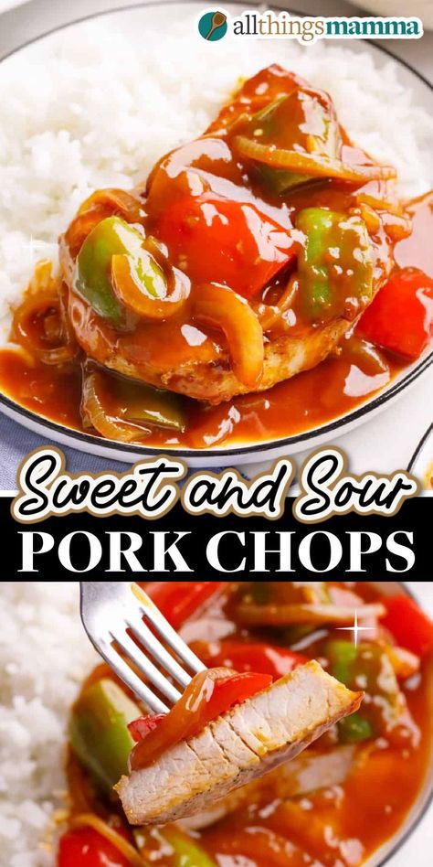 collage image of Sweet and Sour Pork Chops. Sweet And Sour Pork Recipe Easy, Sweet And Sour Pork Chops, Sweet N Sour Pork Recipe, Sweet Pepper Recipes, Sliced Onion, Bariatric Food, Easy Pork Chop Recipes, Pork Chop Recipes Baked, Pork Chop Dinner