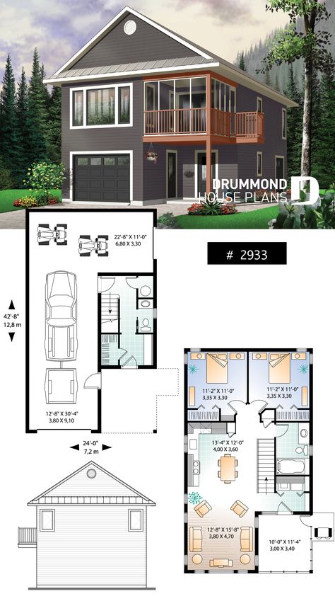 Garage with apartment, 2 bedrooms, open floor plan, screened-in balcony Garage Balcony Ideas, Garage Apartment Floor Plans, Garage Apartment Plan, Carriage House Garage, Carriage House Plans, Garage Loft, Garage Apartment Plans, Two Bedroom House, 2 Bedroom House Plans