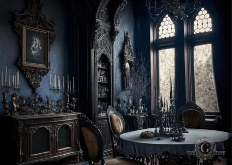 Modern Gothic Dining Room, Goth Dining Room, Gothic Dining Room, Gothic Homes, Goth Houses, Dining Room Victorian, Gothic Mansion, Victorian Manor, Gothic Interior