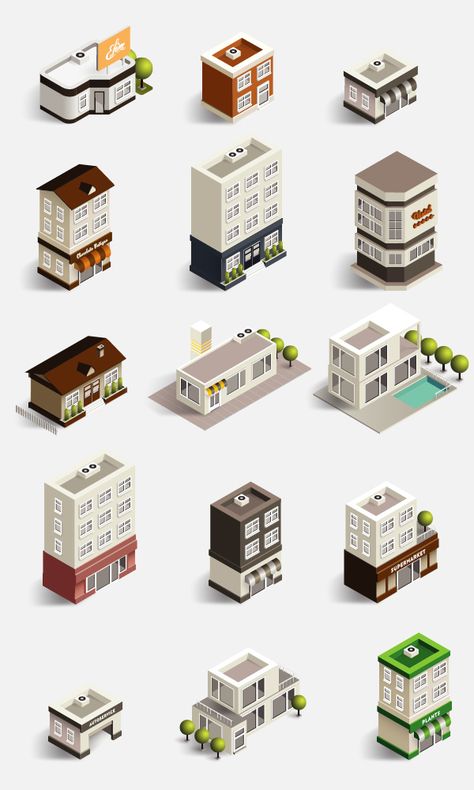 -Compatible with CS6, CC, CC 2014 and CC 2015   	- All items in isometry   	- 15 unique buildings   	- 11 reversed buildings (the same buildings, reversed, but the shadowing goes to left)   	- 3 ty... Minecraft City Center, Blender Building, Pixel Art Building, Low Poly Building, Building Isometric, Isometric House, Isometric Building, Minecraft City Buildings, Minecraft House Plans