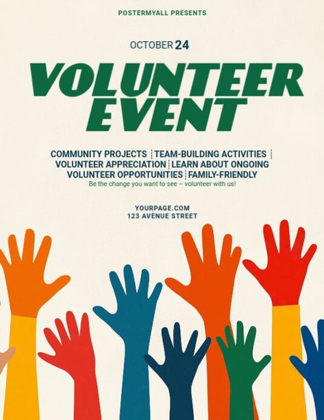 White Illustrative Volunteer Event Flyer (us | PosterMyWall Fundraising Poster Ideas, Volunteer Poster Design, Volunteer Illustration, Sc Stickers, Fundraising Poster, Event Poster Template, Linkedin Background Image, Kindle Book Cover, Etsy Banner