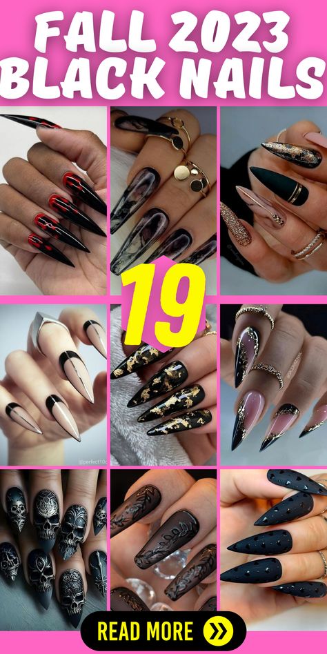 Embrace the Darkness: Fall Black Nails 2023: Step into the season of mystery and allure with Fall Black Nails 2023. Black nails are a timeless trend that never fails to make a bold statement. This year, black nails take center stage, showcasing creativity and individuality. From glossy black gel nails to short and edgy designs, Fall Black Nails 2023 will add a touch of sophistication and glamour to your overall look. Black Nails With Fall Design, Acrylic Nail Designs With Black, 2023 Black Nail Trends, Fail Nails 2023, Black Nails 2023 Trends, Black Fall Nails 2023, Edgy Fall Nails Acrylic, Nails 2023 Fall Trends, Black Nail Gel Designs