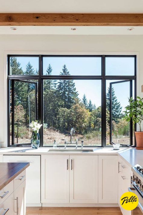 Kitchen Windows Above Sink, Big Kitchen Window, Window Above Sink, Black Window Frames, Kitchen Windows, Lots Of Windows, Storage Inspiration, Interior Windows, Willamette Valley