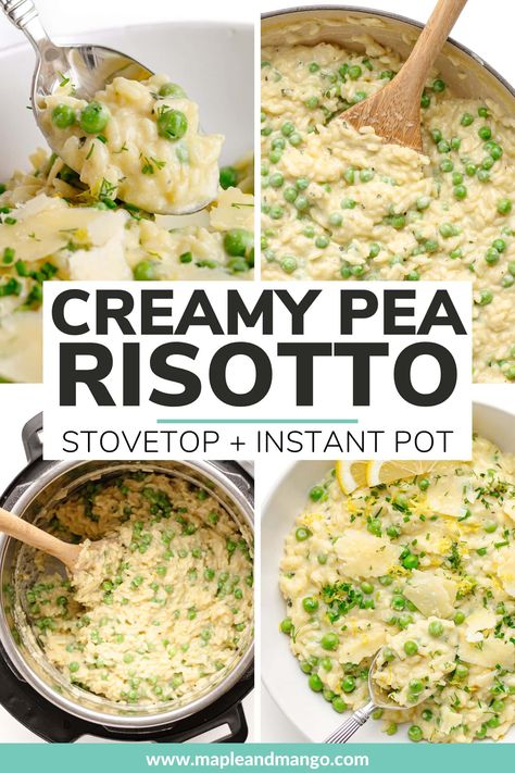 Who knew peas and rice could be so fancy?! Learn how to make a super delicious creamy pea risotto at home with this easy recipe! This is the perfect spring risotto featuring spring flavors like peas and lemon! Includes step-by-step instructions for both stovetop and the Instant Pot (pressure cooker). | www.mapleandmango.com Risotto Recipes With Peas, Green Pea Risotto, Sweet Pea Risotto, Pea Risotto Recipes, Risotto With Peas, Spring Risotto, Peas And Rice, Spring Flavors, Pea Risotto