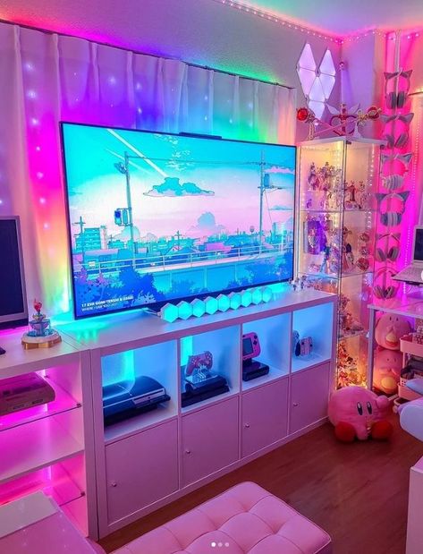 Gamer Girl Room, Goth Living Room, Anime Bedroom Ideas, Gaming Bedroom, Sister Room, Hangout Room, Mobile Home Decorating, Video Game Rooms, Gaming Room Setup