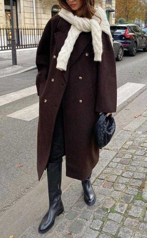 Dark Brown Coat Outfit, Bv Jodie, Autumn Board, Riding Boot Outfits, Fall Mood, Winter 23, Black Riding Boots, Corporate Outfits, Dark Blood