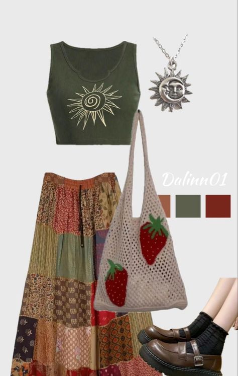 Boho style summer outfit Boho Outfits Shein, Cottage Core Outfit Inspiration, Boho Cottage Core Outfits, Boho Clothing Aesthetic, Hippie Cottagecore Outfits, Outfit Ideas With Skirts Long, Boho Curvy Style, Subtle Hippie Outfit, Casual Cottagecore Outfits Summer