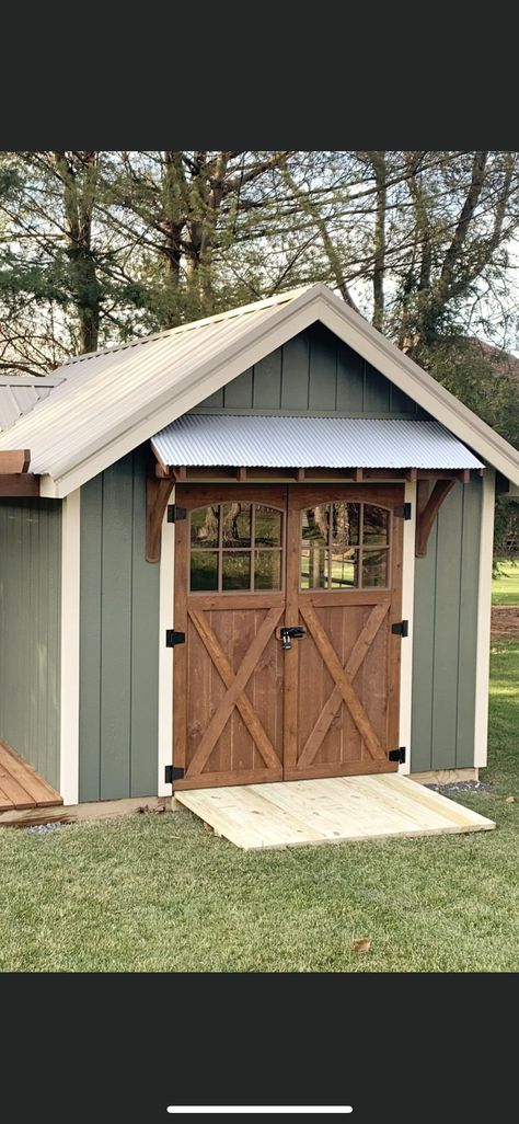 Diy Shed Paint Ideas, Storage Shed Makeover Exterior, Small Shed With Overhang, Small Shed Paint Ideas, Sheds Ideas Backyard Landscaping, 8x10 Shed Ideas, Farmhouse Sheds Backyard, Storage Building Paint Colors, Painting A Shed Ideas