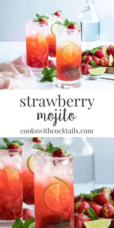 Rhubarb Mojito, Strawberry Mojito Recipe, Hawaiian Cocktails, Strawberry Cocktails, Fresh Strawberry Recipes, Valentines Snacks, Jello Shot, Strawberry Mojito, Mint Mojito