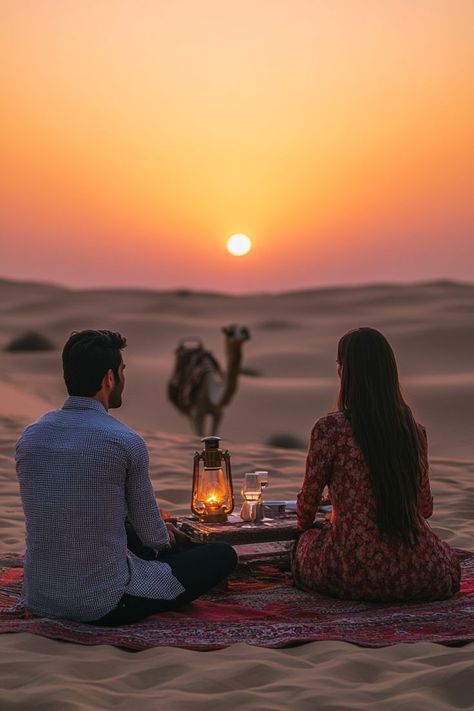 Experience luxury in the desert with a romantic escape to Dubai. Stay in a desert resort, enjoy a camel ride at sunset, and dine under the stars. 🏜🌟🐫 #DubaiRomance #DesertAdventure #LuxuryEscape Dubai Couple, Uae Desert, Arab Desert, Sand Dunes Photoshoot, Desert Adventure, Desert Resort, Desert Safari Dubai, Desert Photography, Cruise Boat