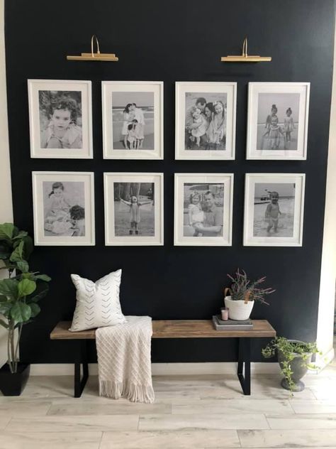 Picture Wall Ideas 11x14, Vintage Morden Interior, Big Entryway Wall Ideas, Modern Photo Wall Living Room, Betenbough Homes Decor, Black Wall Photo Gallery, Shiplap Wall With Pictures, Entryway Gallery Wall With Bench, Entryway Flex Room Ideas