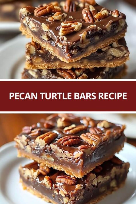 Pecan Turtle Bars Recipe Tahini Pecan Bars, Praline Bars, Pecan Turtle Bars, Turtle Bars Pecan, Easy Turtle Bars, Turtle Dream Bars, Turtle Pecan Pie, Holiday Bars, Turtle Bark Recipe