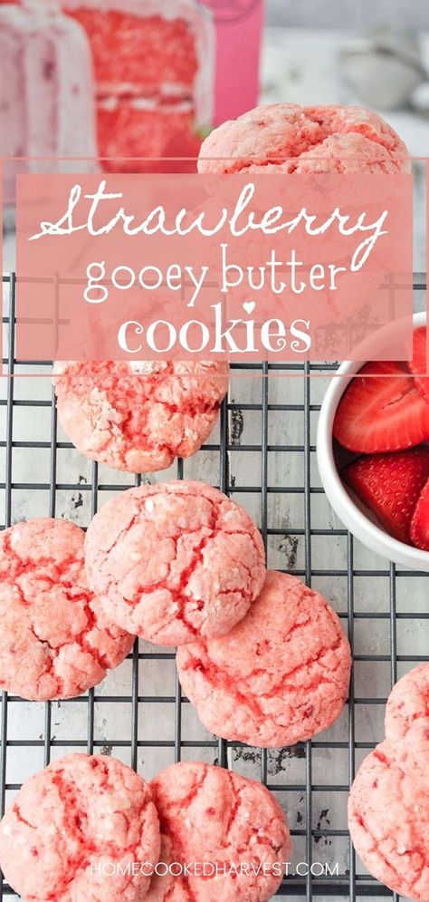 Ooey Gooey Butter Cookies, Strawberry Cake Cookies, Cake Box Cookies, Butter Cake Cookies, Strawberry Cake Mix Cookies, Gooey Butter Cookies, Strawberry Butter, Gooey Butter, Easter Baby Shower