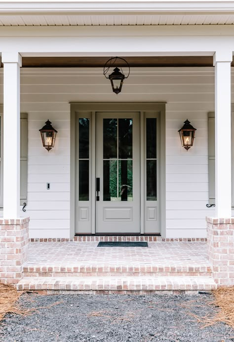 Old Farm Road - American Traditional - Exterior - Atlanta - by Mossy Co. Interiors | Houzz Brick Half Way Up Exterior, Changing Roof Pitch Before And After, White Southern Home Exterior, German Smear Brick House, Old Brick Farmhouse Exterior, Update Vinyl Siding Exterior, Brick Wainscoting Exterior Farmhouse, White And Beige Exterior House, Old Farmhouse Doors