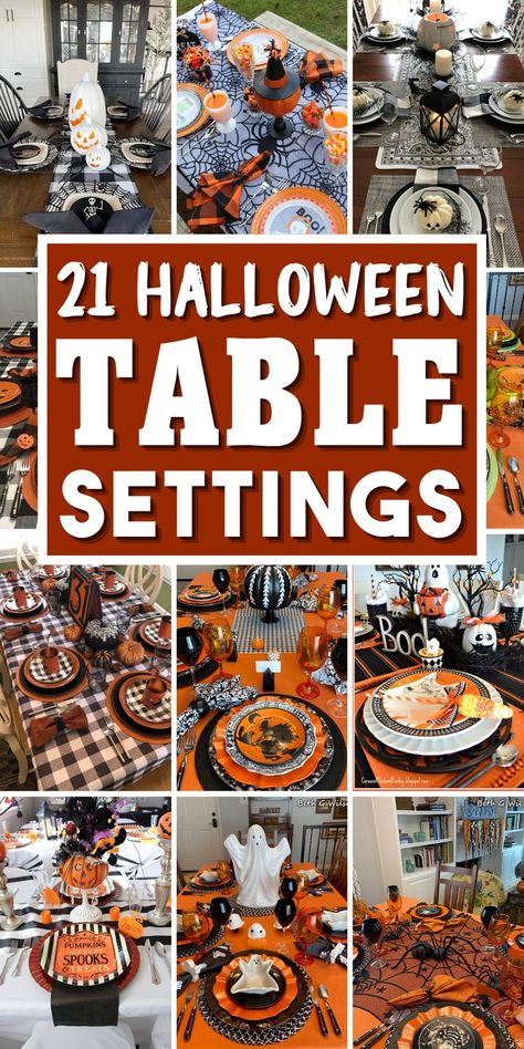 Looking to create spooky Halloween table decorations? Check out these Halloween table settings for some hauntingly beautiful Halloween dinner table decor ideas. From eerie table arrangements to ghostly Halloween tablescapes, you'll find inspiration for a macabre dinner setup. Set the mood with creepy Halloween decorations like skeletons and spiders while adding pops of orange and black. Don't forget to include scary Halloween centerpieces to impress your guests. Pumpkin Centerpiece Ideas, Witchy Table, Gothic Dinner, Halloween Table Settings, Halloween Party Table, Halloween Tablescape, Homemade Halloween Decorations, Creepy Halloween Decorations, Elegant Halloween