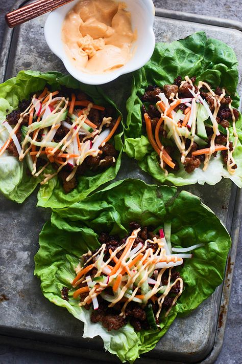 Bahn Mi Lettuce Wraps - Cooking for Keeps Bahn Mi Lettuce Wraps, Paleo Wraps, Boston Lettuce, Bahn Mi, Lettuce Wrap Recipes, Popsugar Food, Falafels, Chicken Lettuce Wraps, Pickled Veggies