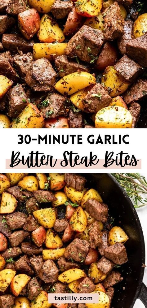 In just 30 minutes, you can have a delicious Garlic Butter Steak Bites with Potatoes meal using only one skillet. Butter Steak Bites Recipe, Garlic Butter Steak Bites, Butter Steak Bites, Steak And Potatoes, Steak Bites Recipe, Butter Steak, Garlic Butter Steak, Steak Butter, Steak Bites