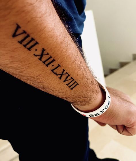 Mens Roman Numeral Tattoo Forearm, Roman Numerals On Forearm, Roman Numerals Tattoo Forearm, Date Tattoo Forearm, Roman Number Tattoo Men, Forearm Date Tattoo, Roman Numeral Tattoo Men Arm, Cool Roman Numeral Tattoo, Forearm Roman Numeral Tattoo