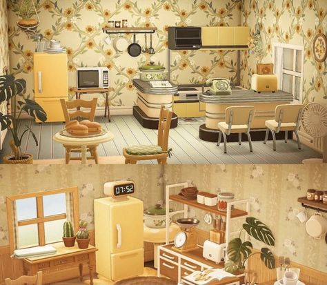 Animal Crossing 70s House, Acnh Yellow Interior, Acnh Yellow, Funny Animal Crossing, Acnh Kitchen, Acnh Interior, Cottagecore Interior, Animal Crossing Cats, Acnh House