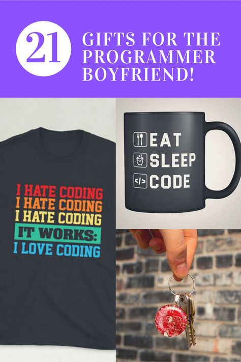 Whether it’s a birthday, anniversary, or just because, finding the perfect gifts for programmer boyfriends can be difficult sometimes! You want to show you care with something unique, but also want to give a nod to their passion in life. Well, look no further as we have you covered with 21 of the internets’ most incredible clothing items, home decor pieces, and gadgets for programmers! Programmer Boyfriend, Gifts For Computer Guys, Programmer Day Ideas, Gift For Programmer Boyfriend, Programmer Gifts Ideas, Gifts For Coder, Gifts For Computer Science Majors, Gifts For Software Engineers, Stickers For Programmers