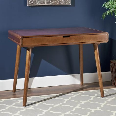 George Oliver Mid Century Solid Wood Desk & Reviews | Wayfair Mid Century Writing Desk, Small Dressing Table, Solid Wood Writing Desk, Computer Desks For Home, Wood Computer Desk, Mid Century Modern Desk, Writing Desk With Drawers, Student Room, Wood Writing Desk