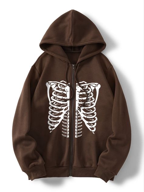 Good Shien Clothes, Brown Skeleton Hoodie, Skeleton Sweater Zip Up, Ribcage Hoodie, Clothes From Shein, Brown Zip Up Hoodie, Skeleton Hoodie, Womens Sweatshirts, Stylish Hoodies