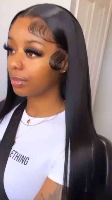 Middle Part Frontal Wig Fluffy Edges, 13x4 Lace Front Wig Middle Part, Closer Wig Hairstyles, 40 Inch Bust Down Wig, Middle Part Frontal Wig, Lace Hairstyles, Side Part Wig, Wig Installs, Sleek Braided Ponytail