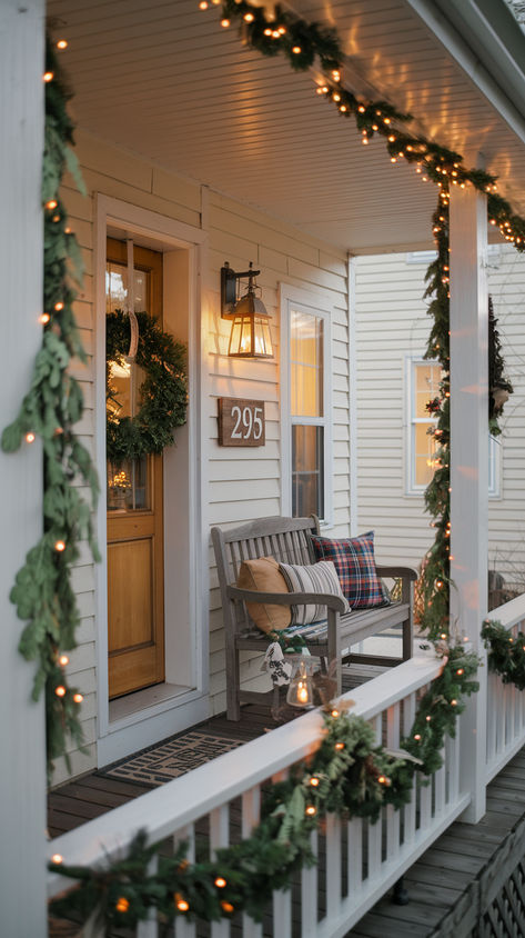 Transform your porch into a cozy holiday haven with these Christmas porch decorating ideas! From wreaths to twinkling lights, make your home’s entrance festive and warm. #ChristmasPorchDecor #ChristmasPorchIdeas #FrontPorchChristmas Old House Christmas Decor Front Porches, Double Porch Christmas Decor, Holiday Lights Outdoor Porch, Porch Light Decorations Christmas, Christmas Decor 2024 Front Porch, Garland Front Porch Christmas, Southern Porch Christmas Decor, Front Porch Christmas Columns, Outdoor Christmas Lights Porch