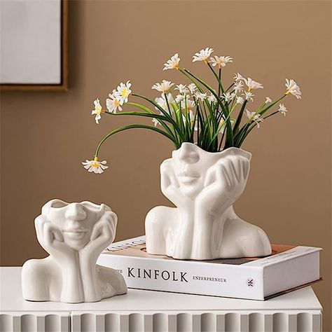 DHYXZCA White Ceramic Face Vase, Female Form Head Half Body Bust Vases Boho Feminist Minimalism Decorative Modern Nordic Style Flower Vase for Home Living Room Office Book Shelf Decor FIND IT ON AMAZON! CLICK 'VISIT' DOWN BELOW Office Bookshelf Decor, Kaktus Dan Sukulen, Resin Face, Ceramic Face, Face Vase, Centerpiece Table, Half Body, Head Vase, Bookshelf Decor