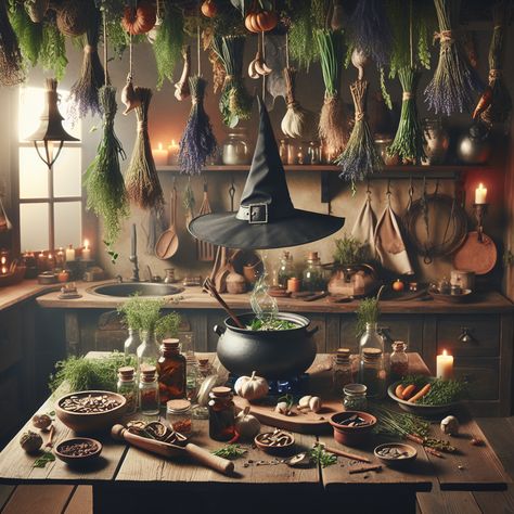 A kitchen filled with magical ingredients, where a witch brews a potion with herbs hanging from the ceiling. Witches Brew Aesthetic, Witch's Apothecary, Magic Kitchen, Witch’s Kitchen, Country Witch Aesthetic, Witch Apothecary Aesthetic, Witches Kitchen, Witch Cafe, Kitchen Witch Aesthetic