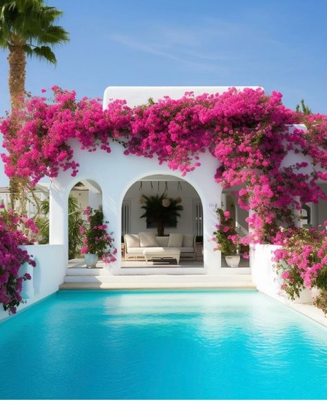 Bougainvillea Home Decor, Bougainvillea Aesthetic, Bougainvillea Poolside, Bougainvillea Arch Entrance, White Bougainvillea Aesthetic, Bougainvillea Archway, Greek Style Home, Greece Homes, Spanish Garden