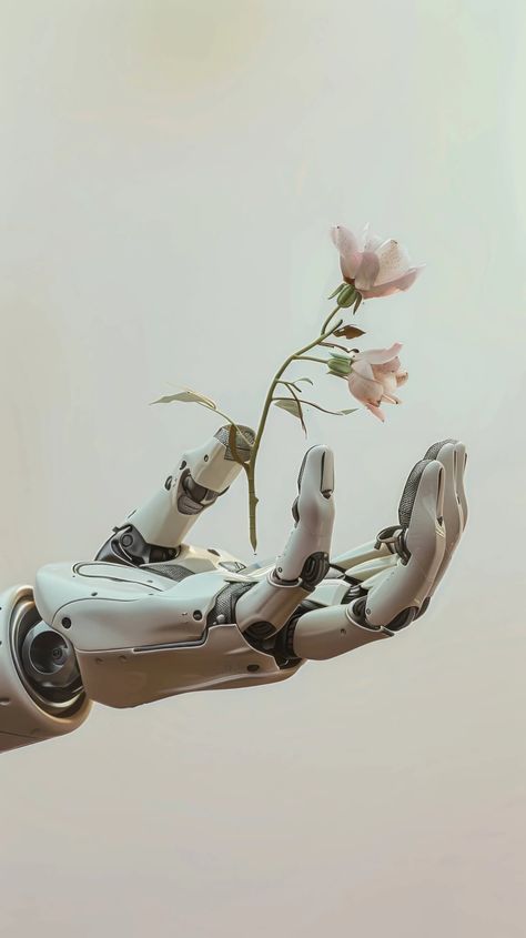 robot hand holding flowers, artificial intelligence and nature, technology and environment, robotic arm with plants, futuristic concept with robotics and flora, AI and botanical interaction. 

robotic hand, flowers, pink blossoms, technology, nature, futuristic, artificial intelligence, robotics, environment, machine, petals, botany, alloy, cybernetic, harmony, interaction. Robotic Arm Aesthetic, Nature Robot Art, Porcelain Robot Concept Art, Human And Technology Art, Robot Hand Concept Art, Nature And Technology Art, Robot Hand Art, Bioengineering Aesthetic, Random Objects Photography