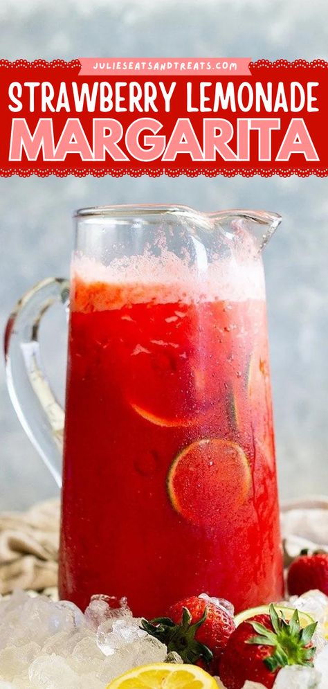 A simple margarita recipe for a crowd! This easy summer cocktail is ready in just minutes. Cool and refreshing, a pitcher of this Strawberry Lemonade Margarita is the perfect alcoholic 4th of July drink! Margaritas, Strawberry Lemonade Margarita, Lemonade Margarita, Watermelon Martini, Drinks Nonalcoholic, Easy Alcoholic Drinks, Mommy Juice, Purple Drinks, Strawberry Delight