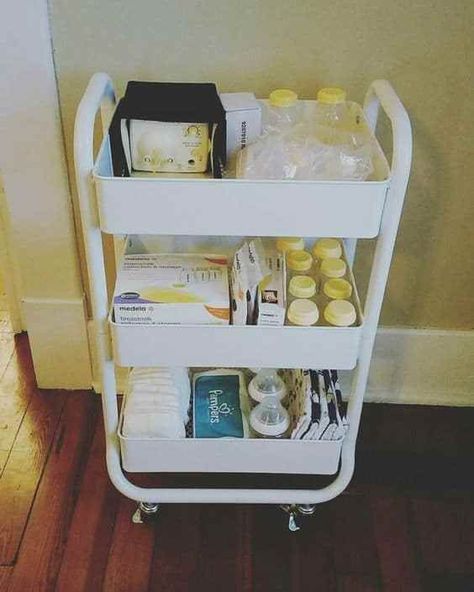 Setting up a Pumping Station with a rolling cart from Target. This could work for a diaper changing and breastfeeding station too! Space saving nursery hack! Great organizing solution for baby's room! Breastfeeding Hacks, Nursery Hacks, Exclusively Pumping, Organizing Hacks, Baby Sleep Problems, Breastfeeding And Pumping, Nursery Organization, Baby Massage, Baby Arrival