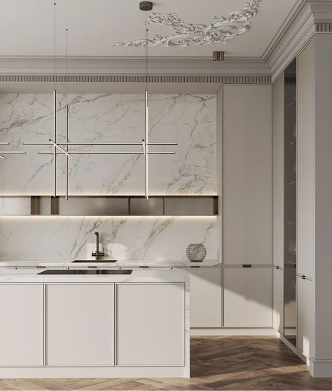 Classic Minimalist Kitchen, Modern Classic Kitchen Island, Kitchen Design Behance, Kitchen Neoclassic Interior Design, Classic Kitchen Design Luxury, Neoclassical Kitchen Design, Neo Classic Kitchen, Neoclassical Kitchen, Modern Kitchen Inspiration