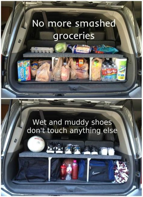 Hack your SUV's trunk space by making it double-decker. This DIY shelf helps organize cargo, and folds up when not in use.  See more at Instructables » Car Organization, Organizing Hacks, Organisation Hacks, Trunk Organization, Car Hacks, Diy Life Hacks, Diy Car, Car Storage, Cars Organization